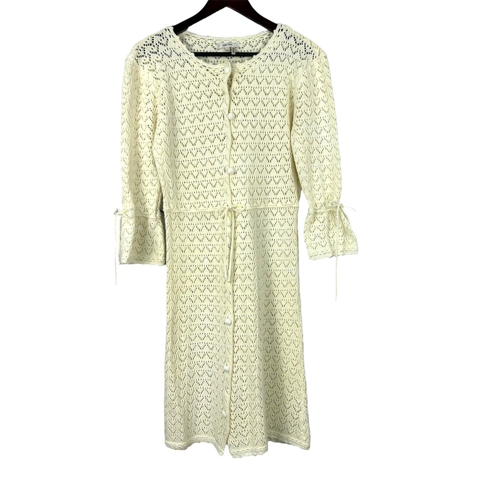 Tyler Boe Womens Sz L Button Up Dress Cream Crochet Knee Length Cover Up Boho T4